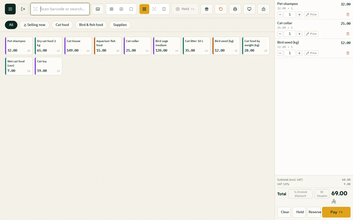 Sales screen: food, supplies and the cart